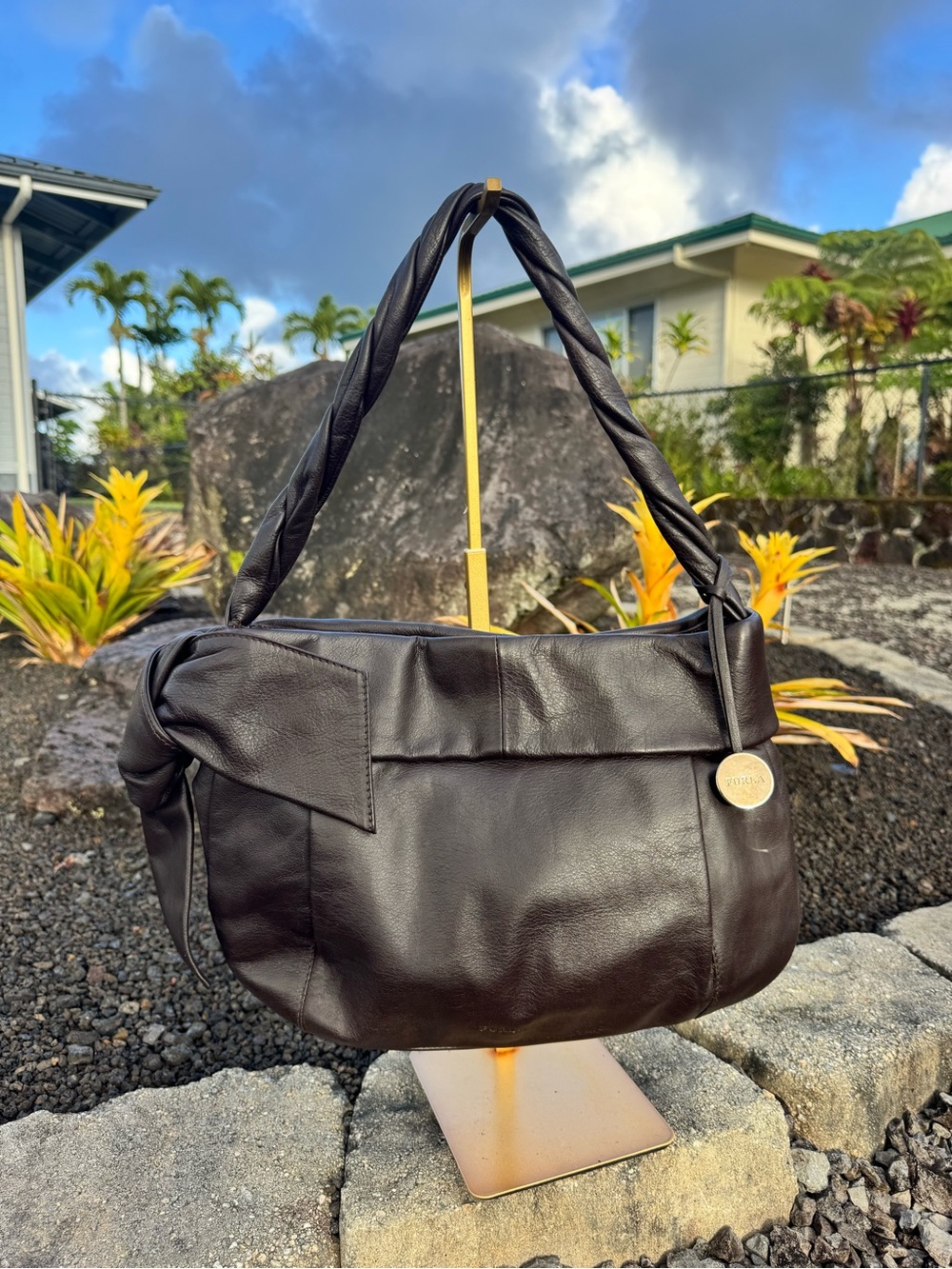 Furla Dark Brown Genuine Leather Twisted Handle Shoulder Bag Italy